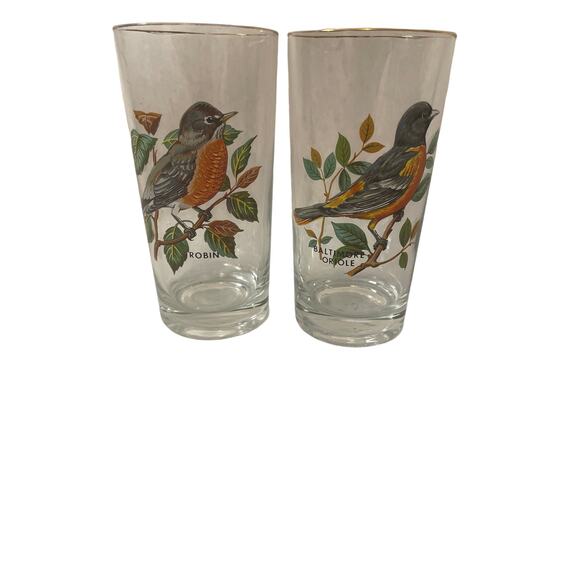 West Virginia Glass Clear Glass Gold Rim Song Birds (2)Baltimore Oriole & Robin - Picture 1 of 7